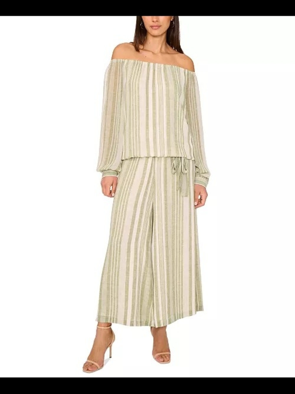 Vince Camuto Off-Shoulder Striped Wide-Leg Set in Light Green